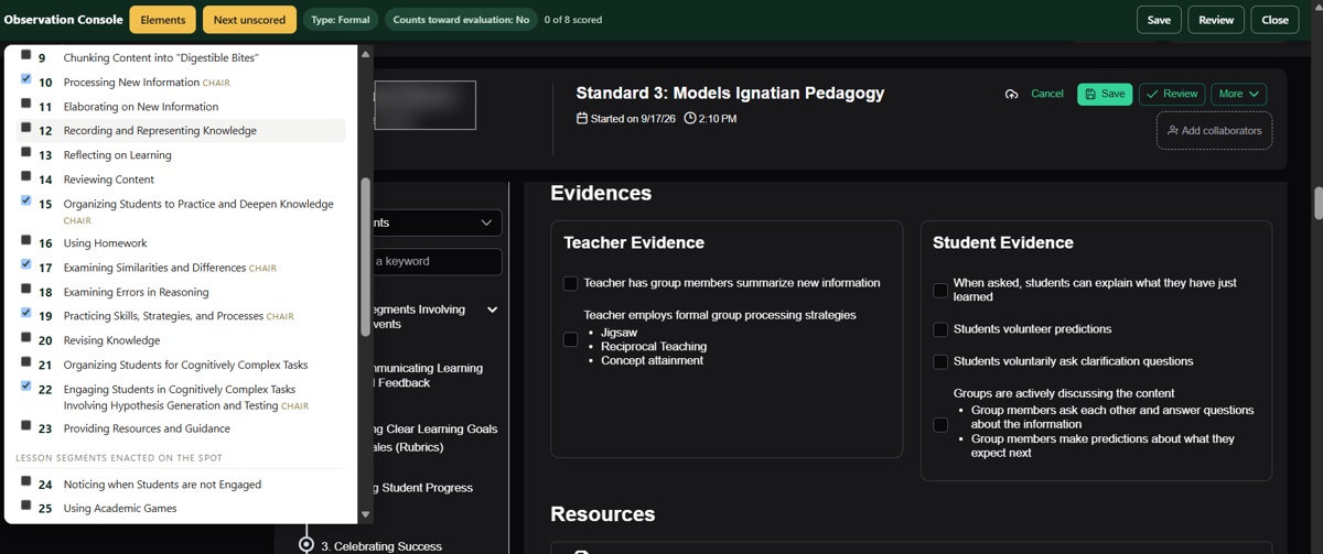 The same bar with the Type chip now reading Formal, and the form showing one element's Teacher Evidence and Student Evidence columns.