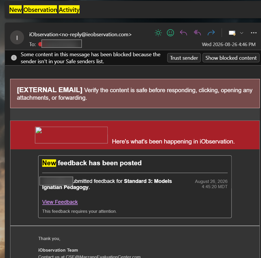 The iObservation notification email in Outlook: sender no-reply@ieobservation.com, subject New Observation Activity, a blocked-image banner, and a View Feedback link.
