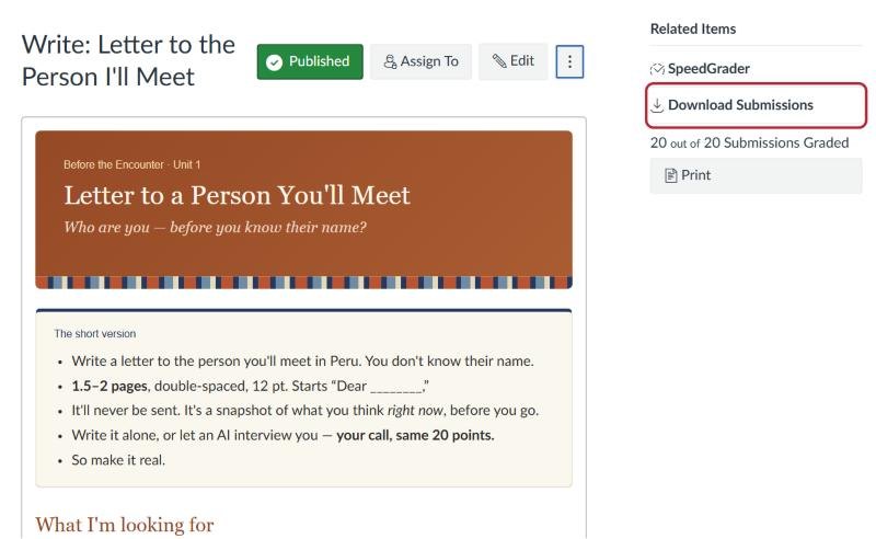 A Canvas assignment page. On the right under Related Items, Download Submissions is circled in red.
