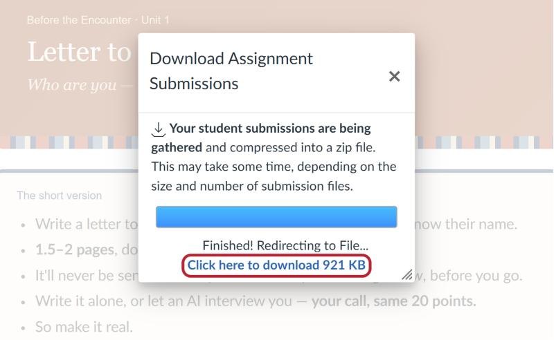 The Download Assignment Submissions box with a full progress bar and the link Click here to download circled in red.