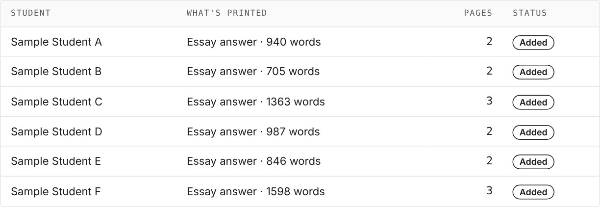 Example of the student list after dropping a file: six students, each with an essay word count, a page count, and the status Added.