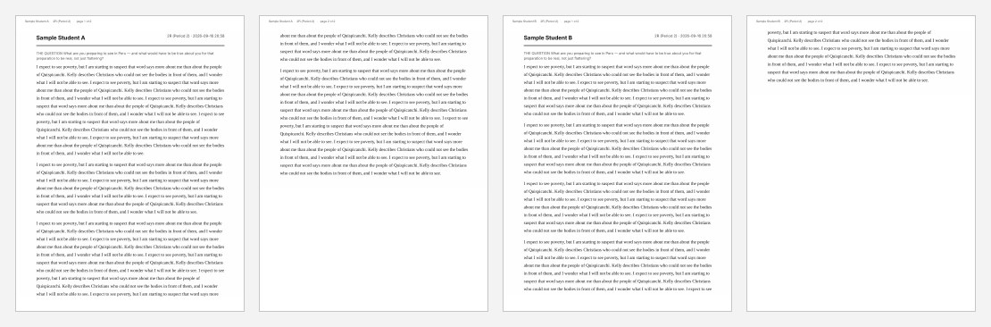 Four printed pages: each student's essay starts on its own page with their name, class period and the question at the top, and their name repeated in small print on every page.