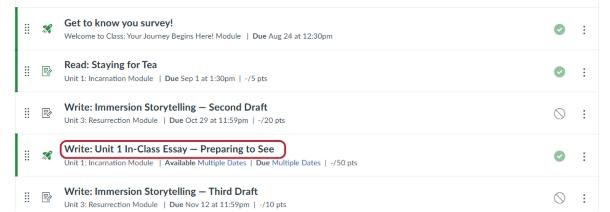 A Canvas assignments list. A New Quiz with a rocket icon, Write: Unit 1 In-Class Essay, is circled in red.