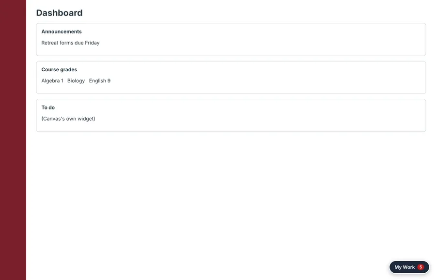 Canvas dashboard with the My Work button in the bottom-right corner showing a red 5