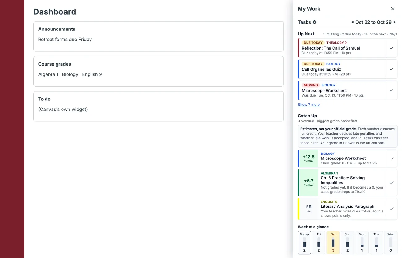 Canvas dashboard with the My Work panel open: Up Next, Catch Up and Week at a glance