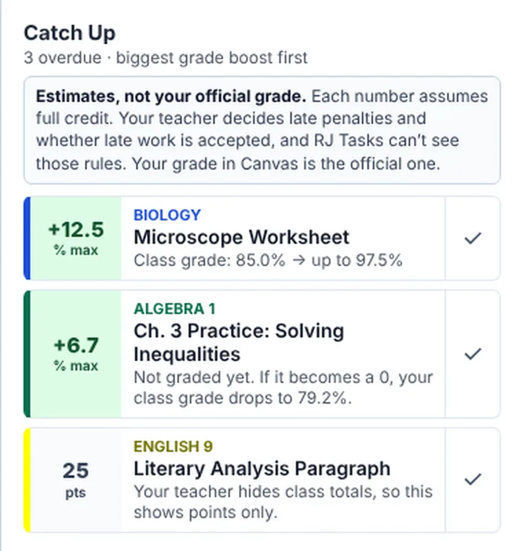 Catch Up list showing +12.5% max for a missing lab and +6.7% max for missing homework, with the estimate disclaimer