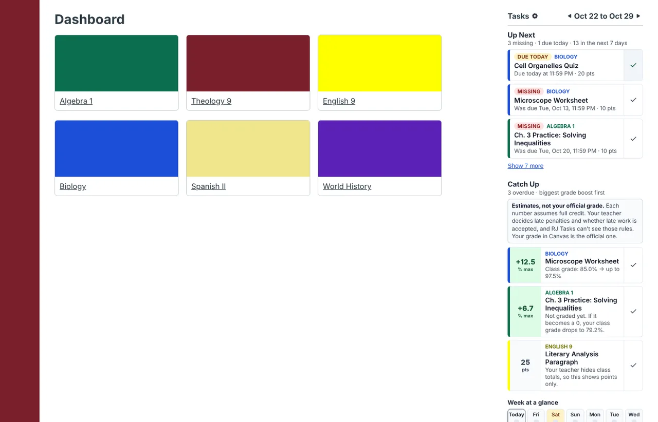 Classic Canvas dashboard with RJ Tasks in the right-hand column, including progress rings
