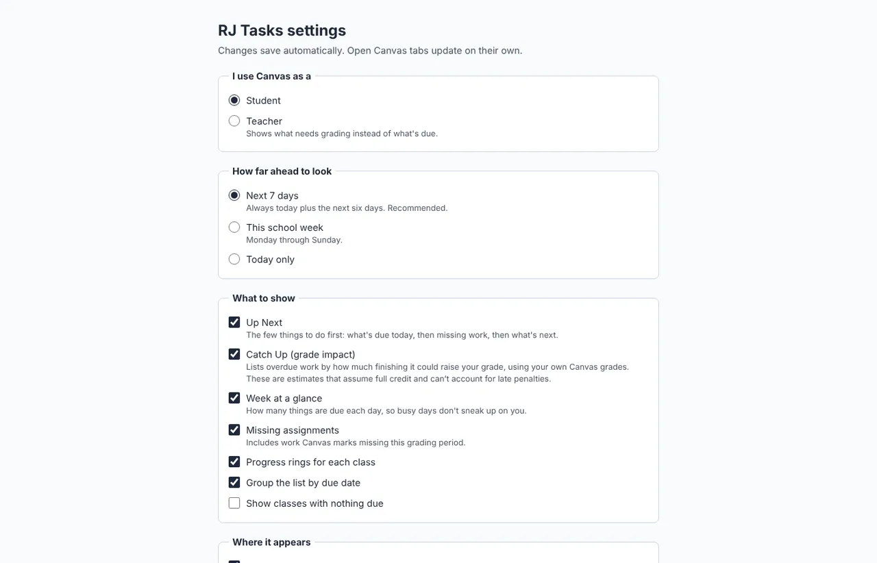 RJ Tasks settings page with student and teacher modes and section toggles